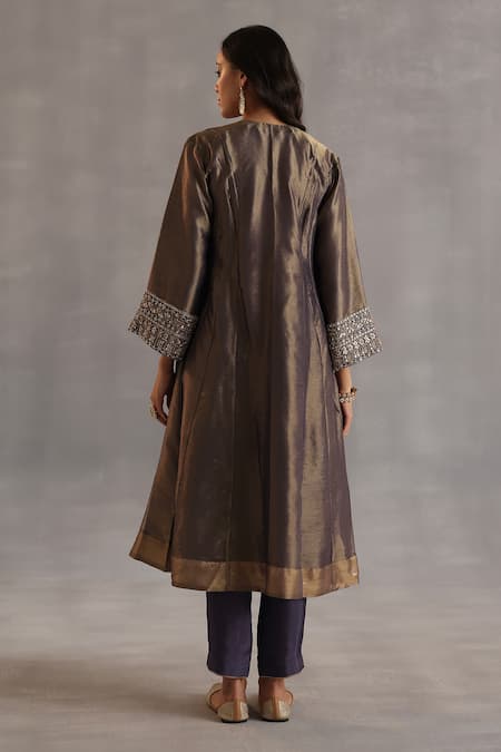 Buy_Begum_Gray Tissue, Silk, Organza Mirrors, Metallic Thread, Ahiri Embroidered Kurta Set _Online_at_Aza_Fashions