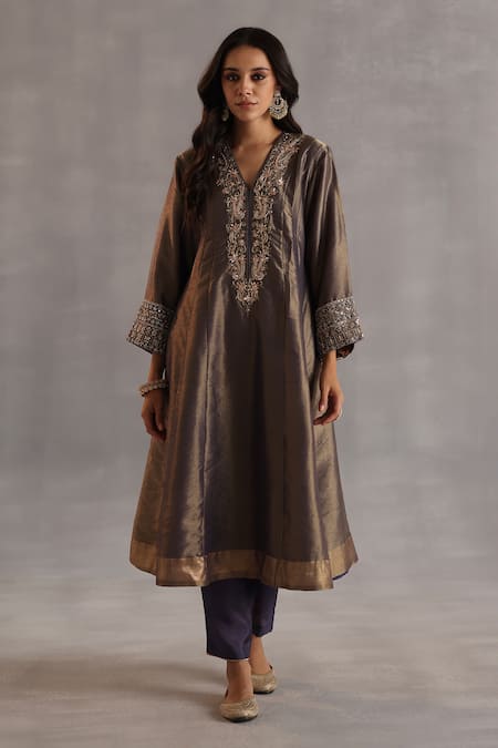 Shop_Begum_Gray Tissue, Silk, Organza Mirrors, Metallic Thread, Ahiri Embroidered Kurta Set _Online_at_Aza_Fashions
