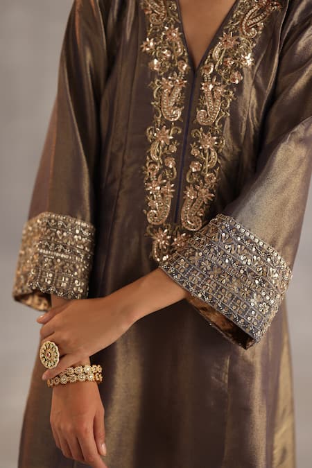 Begum_Gray Tissue, Silk, Organza Mirrors, Metallic Thread, Ahiri Embroidered Kurta Set _at_Aza_Fashions