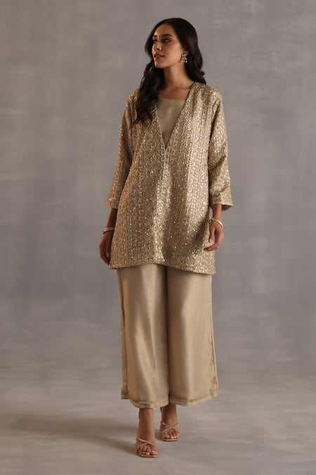 Begum_Gold Tissue, Silk Sequins, Embroidery, Zari, Lace V-neck Miri Tunic Pant Set _Online_at_Aza_Fashions