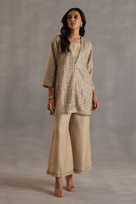 Buy_Begum_Gold Tissue, Silk Sequins, Embroidery, Zari, Lace V-neck Miri Tunic Pant Set _Online_at_Aza_Fashions