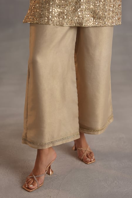 Shop_Begum_Gold Tissue, Silk Sequins, Embroidery, Zari, Lace V-neck Miri Tunic Pant Set _Online_at_Aza_Fashions