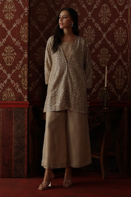 Begum_Gold Tissue, Silk Sequins, Embroidery, Zari, Lace V-neck Miri Tunic Pant Set _at_Aza_Fashions