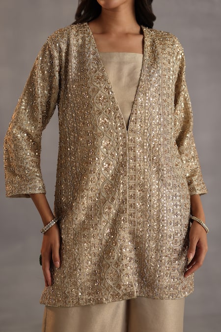 Buy_Begum_Gold Tissue, Silk Sequins, Embroidery, Zari, Lace V-neck Miri Tunic Pant Set 