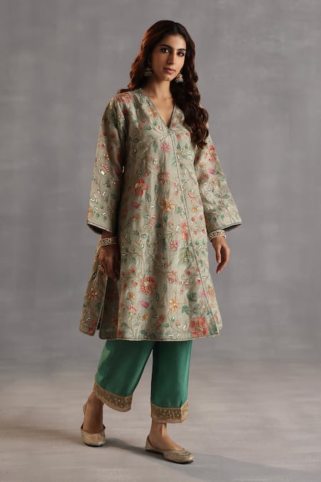 Shop_Begum_Multi Color Silk, Organza Zari, Sequins, Embroidery V-neck Marwa Kurta Set _Online_at_Aza_Fashions