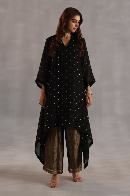 Begum_Black Tissue, Satin, Silk Sequins V-neck Jogi Asymmetric Tunic Set _Online_at_Aza_Fashions