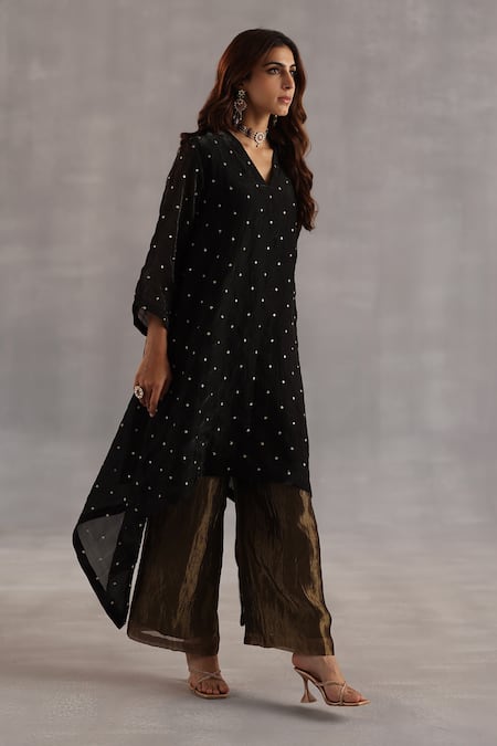 Buy_Begum_Black Tissue, Satin, Silk Sequins V-neck Jogi Asymmetric Tunic Set _Online_at_Aza_Fashions