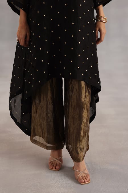 Begum_Black Tissue, Satin, Silk Sequins V-neck Jogi Asymmetric Tunic Set _at_Aza_Fashions