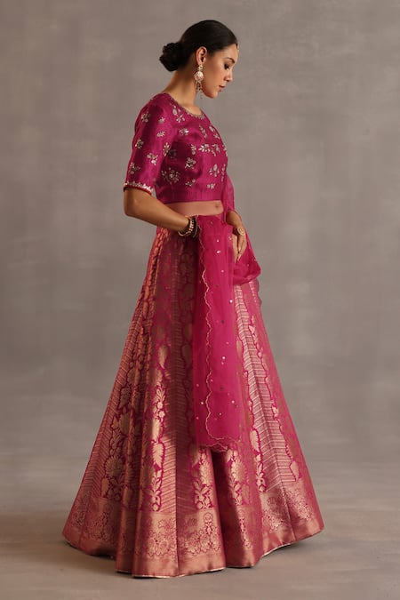 Buy_Begum_Magenta Silk, Organza Embroidery, Metallic Malhar Floral Woven Lehenga Set _Online_at_Aza_Fashions