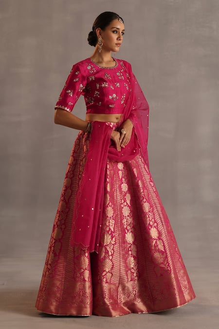 Shop_Begum_Magenta Silk, Organza Embroidery, Metallic Malhar Floral Woven Lehenga Set _Online_at_Aza_Fashions