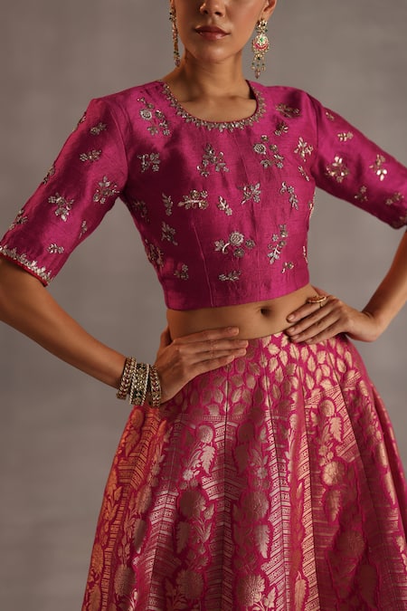 Begum_Magenta Silk, Organza Embroidery, Metallic Malhar Floral Woven Lehenga Set _at_Aza_Fashions
