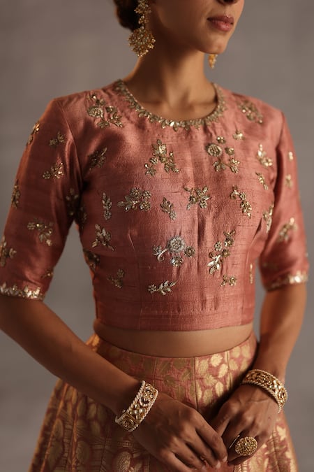 Begum_Peach Silk, Organza Zari, Sequins, Embroidery Malhar Floral Woven Lehenga Set _Online_at_Aza_Fashions