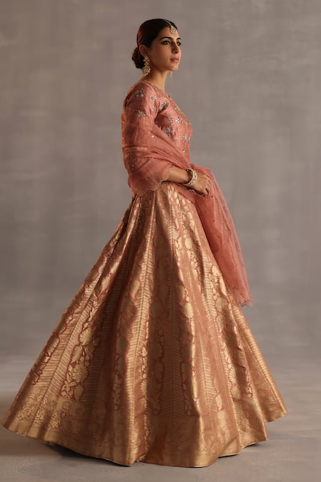 Begum_Peach Silk, Organza Zari, Sequins, Embroidery Malhar Floral Woven Lehenga Set _at_Aza_Fashions