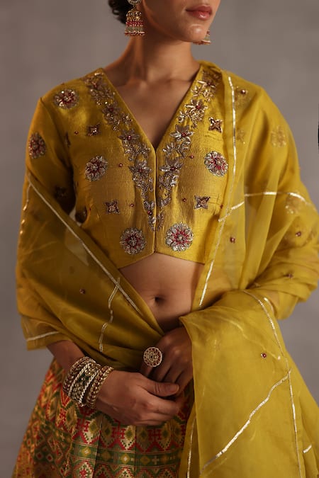 Shop_Begum_Yellow Silk, Organza Zari, Metallic Thread, Gota Saras Floral Woven Lehenga Set _Online_at_Aza_Fashions