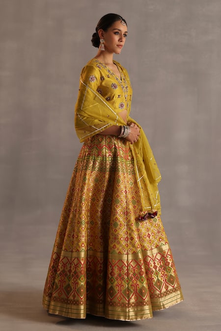 Begum_Yellow Silk, Organza Zari, Metallic Thread, Gota Saras Floral Woven Lehenga Set _at_Aza_Fashions