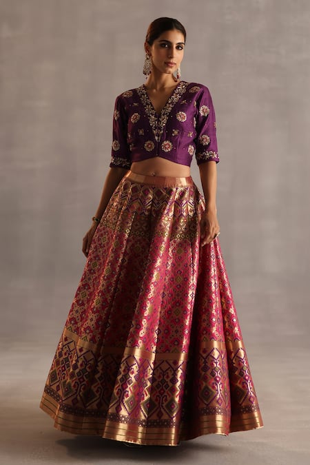 Begum_Pink Silk, Organza Zari, Gota Patti, Tassels, Saras Floral Woven Lehenga Set _Online_at_Aza_Fashions