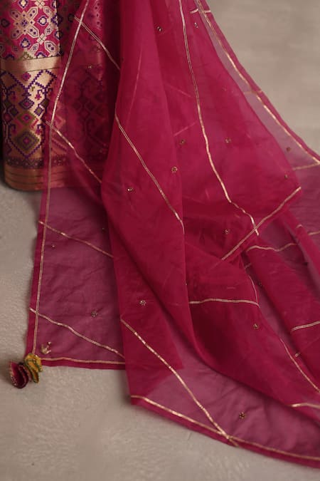 Shop_Begum_Pink Silk, Organza Zari, Gota Patti, Tassels, Saras Floral Woven Lehenga Set _Online_at_Aza_Fashions
