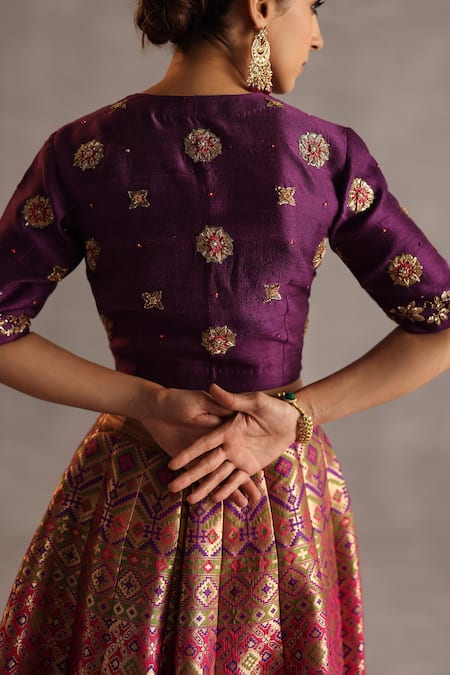 Buy_Begum_Pink Silk, Organza Zari, Gota Patti, Tassels, Saras Floral Woven Lehenga Set 