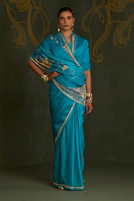Sitaraa_Turquoise Silk, Organza Zari, Sequins, Beads Vanini Yali Motif Saree With Blouse _Online_at_Aza_Fashions