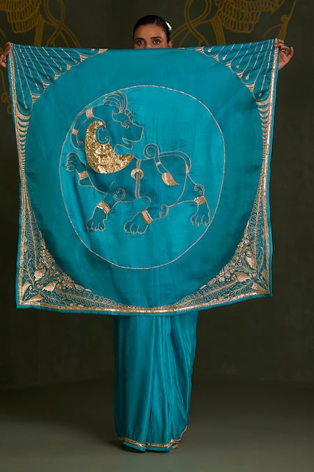 Shop_Sitaraa_Turquoise Silk, Organza Zari, Sequins, Beads Vanini Yali Motif Saree With Blouse _Online_at_Aza_Fashions