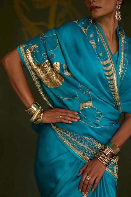Sitaraa_Turquoise Silk, Organza Zari, Sequins, Beads Vanini Yali Motif Saree With Blouse _at_Aza_Fashions