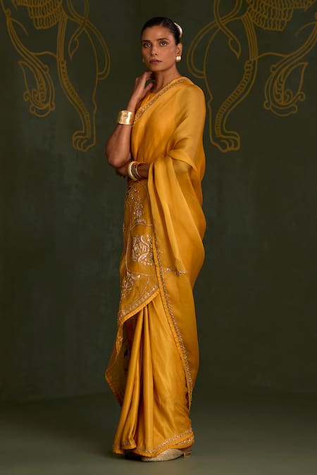 Sitaraa_Mustard , Organza Zari, Embroidery, Sequins Border Saree With Blouse _Online_at_Aza_Fashions
