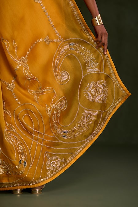 Shop_Sitaraa_Mustard , Organza Zari, Embroidery, Sequins Border Saree With Blouse _Online_at_Aza_Fashions