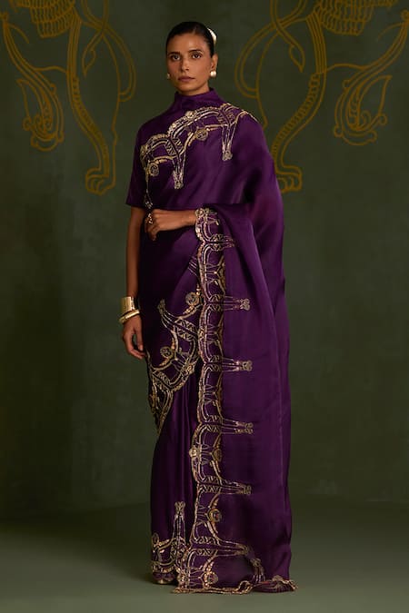 Sitaraa Amogha Yali Motif Embroidered Saree With Blouse 