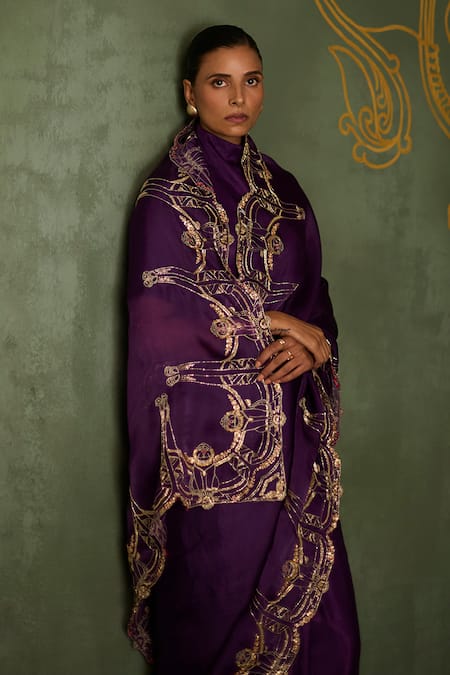 Shop Sitaraa Purple Silk, Organza Zari, Embroidery, Amogha Yali Motif Saree With Blouse Online at Aza Fashions Shop_Sitaraa_Purple Silk, Organza Zari, Embroidery, Amogha Yali Motif Saree With Blouse _Online_at_Aza_Fashions