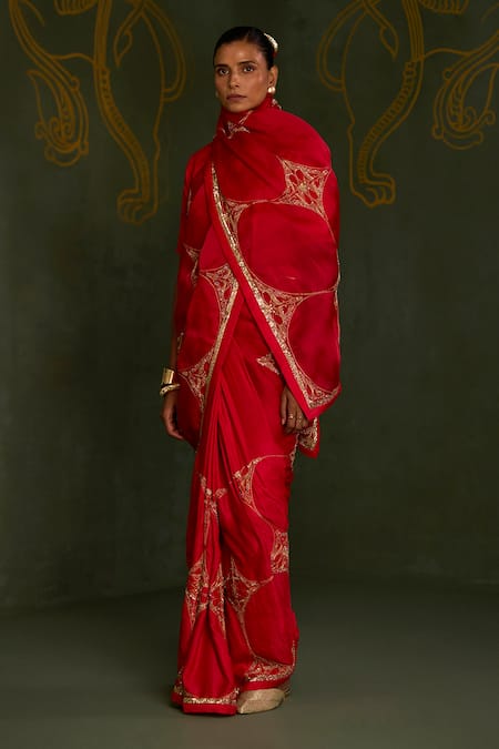 Buy_Sitaraa_Red , Organza Zari, Embroidery, Durgayana Resham Saree With Blouse _Online_at_Aza_Fashions