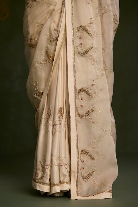 Sitaraa_Ivory Silk, Organza Embroidery, Zari, Indrani Yali Motif Saree With Blouse _Online_at_Aza_Fashions