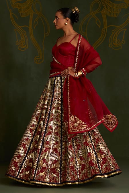 Sitaraa_Maroon , Organza Embroidery, Sequins, Mythological Pattern Lehenga Set _Online_at_Aza_Fashions