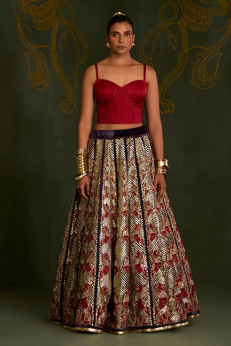 Buy_Sitaraa_Maroon , Organza Embroidery, Sequins, Mythological Pattern Lehenga Set _Online_at_Aza_Fashions