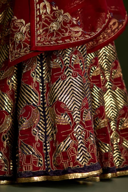 Shop_Sitaraa_Maroon , Organza Embroidery, Sequins, Mythological Pattern Lehenga Set _Online_at_Aza_Fashions