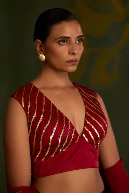 Sitaraa_Maroon , Organza Sequins, Metallic Thread, Trinetra Pattern Lehenga Set _Online_at_Aza_Fashions