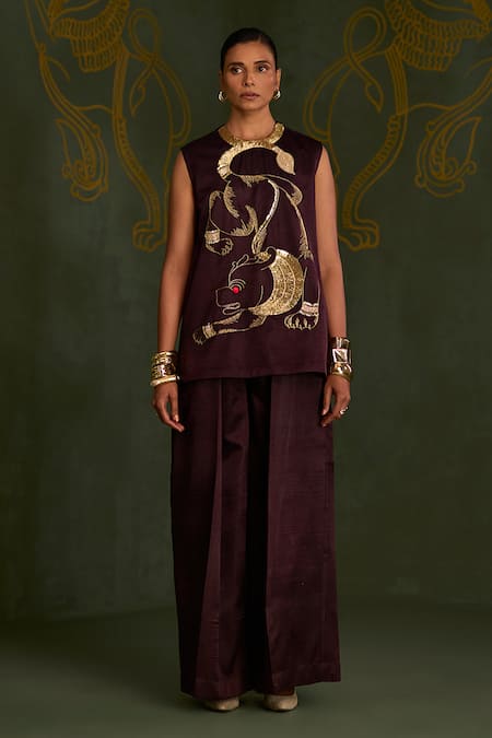 Buy_Sitaraa_Brown Silk Sequins, Embroidery, Stones, Metallic Simhara Kurta And Pant Set _Online_at_Aza_Fashions