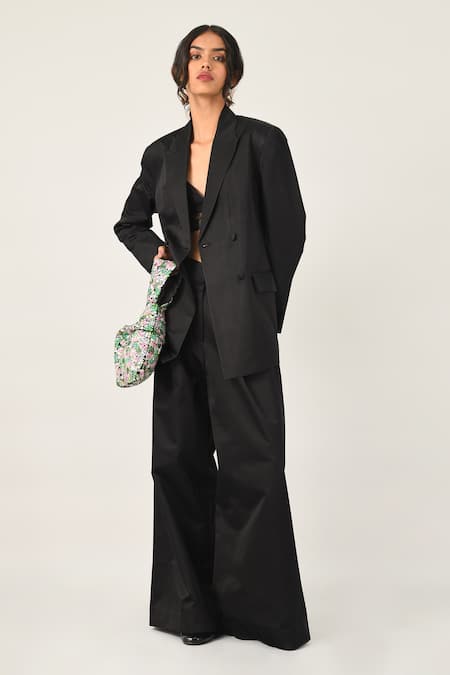 Shop_Payal Pratap_Black Satin Setigera Pleated Wide Leg Trouser _Online_at_Aza_Fashions