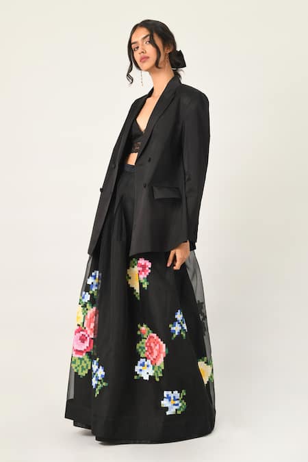 Buy_Payal Pratap_Black Silk Organza Embroidery Gertrude Digital Skirt _Online_at_Aza_Fashions