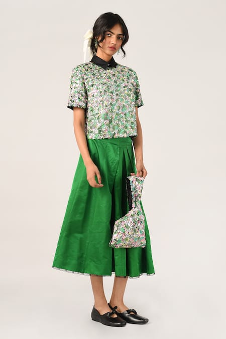 Payal Pratap_Green Polyester, Chiffon Sequins Collared Tiffany Floral Top _Online_at_Aza_Fashions