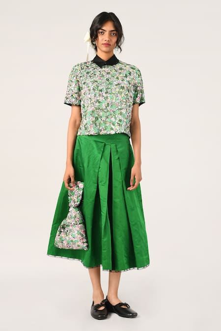 Buy_Payal Pratap_Green Polyester, Chiffon Sequins Collared Tiffany Floral Top _Online_at_Aza_Fashions