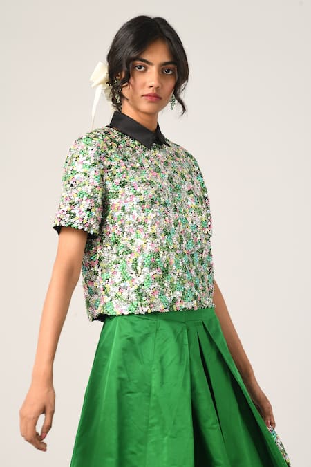 Shop_Payal Pratap_Green Polyester, Chiffon Sequins Collared Tiffany Floral Top _Online_at_Aza_Fashions