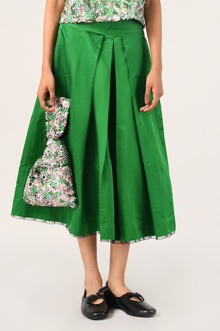 Payal Pratap_Green Satin Rubiginosa Pleated Skirt _Online_at_Aza_Fashions