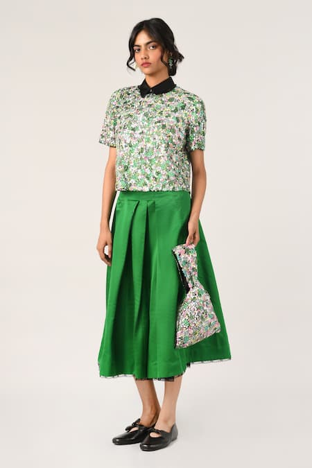 Buy_Payal Pratap_Green Satin Rubiginosa Pleated Skirt _Online_at_Aza_Fashions
