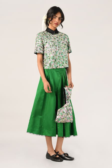 Shop_Payal Pratap_Green Satin Rubiginosa Pleated Skirt _Online_at_Aza_Fashions