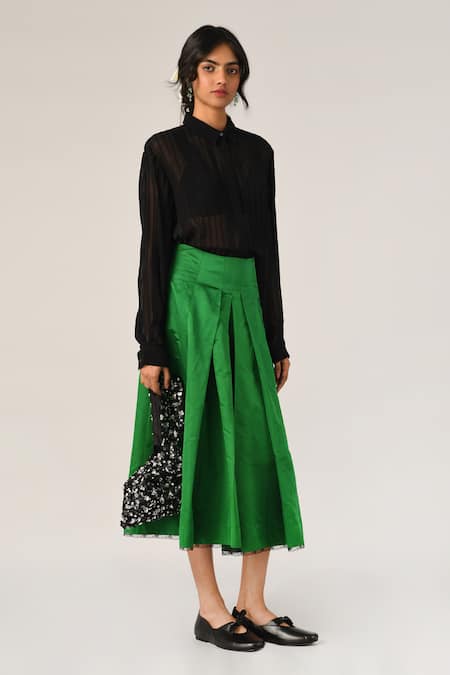 Payal Pratap_Black Viscose Georgette Collared Pinetorum Pleated Shirt _Online_at_Aza_Fashions