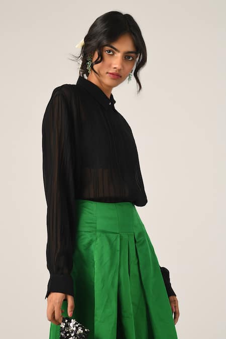 Buy_Payal Pratap_Black Viscose Georgette Collared Pinetorum Pleated Shirt _Online_at_Aza_Fashions