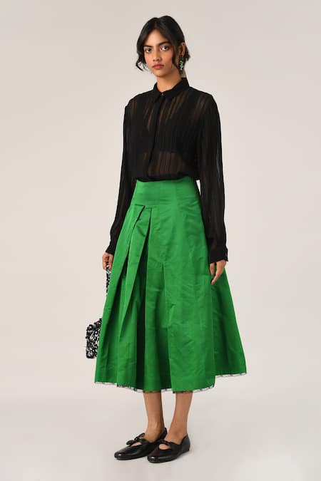 Shop_Payal Pratap_Black Viscose Georgette Collared Pinetorum Pleated Shirt _Online_at_Aza_Fashions