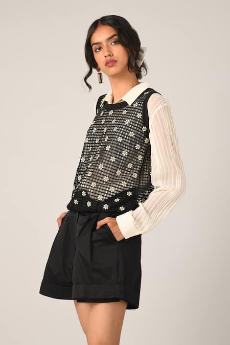 Payal Pratap_Black Organza Round Neck Albertine Rib Vest Top _Online_at_Aza_Fashions