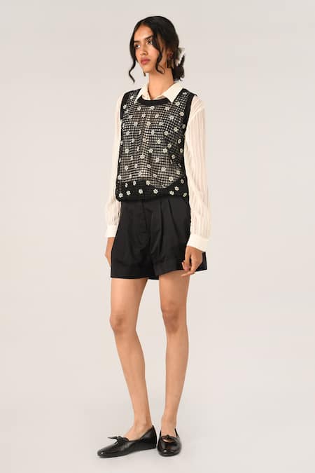 Buy_Payal Pratap_Black Organza Round Neck Albertine Rib Vest Top _Online_at_Aza_Fashions