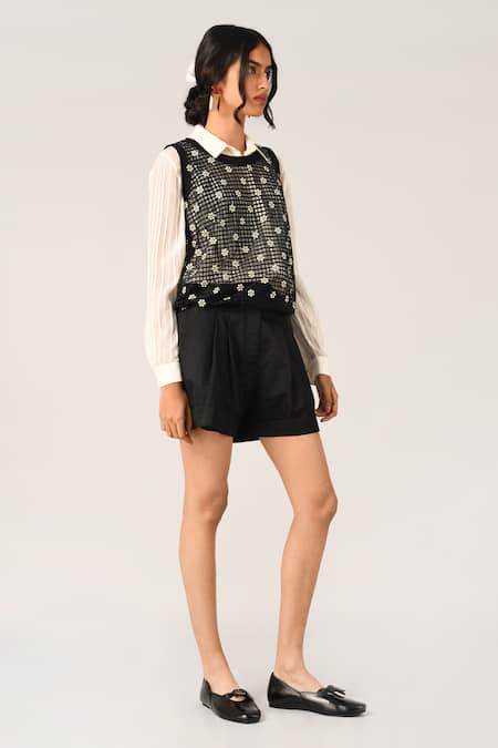 Shop_Payal Pratap_Black Organza Round Neck Albertine Rib Vest Top _Online_at_Aza_Fashions